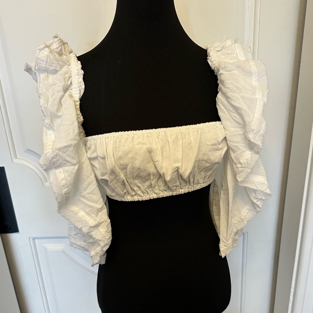 Free People White Ruffled Crop Top Shirt Flowy Boho Festival NWOT